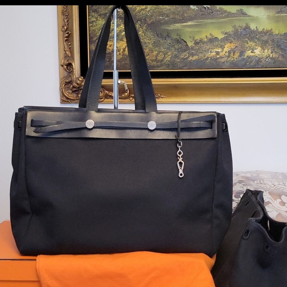 Hermes Large Herbag black Canvas interchangeable Tote bags with dustbag and box